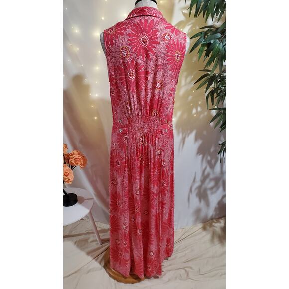 Vtg 90s Y2K JBS Ltd Shell Button Floral Smocked Maxi Dress Size 14 Pink Fairy - Picture 2 of 10